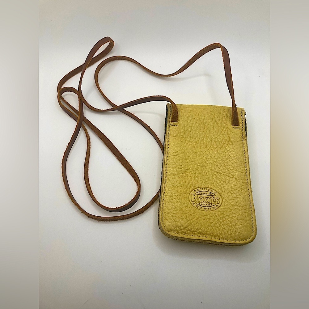 Vtg Roots Yellow / Brown Leather Flap Closure Button Clasp Mini Crossbody Purse